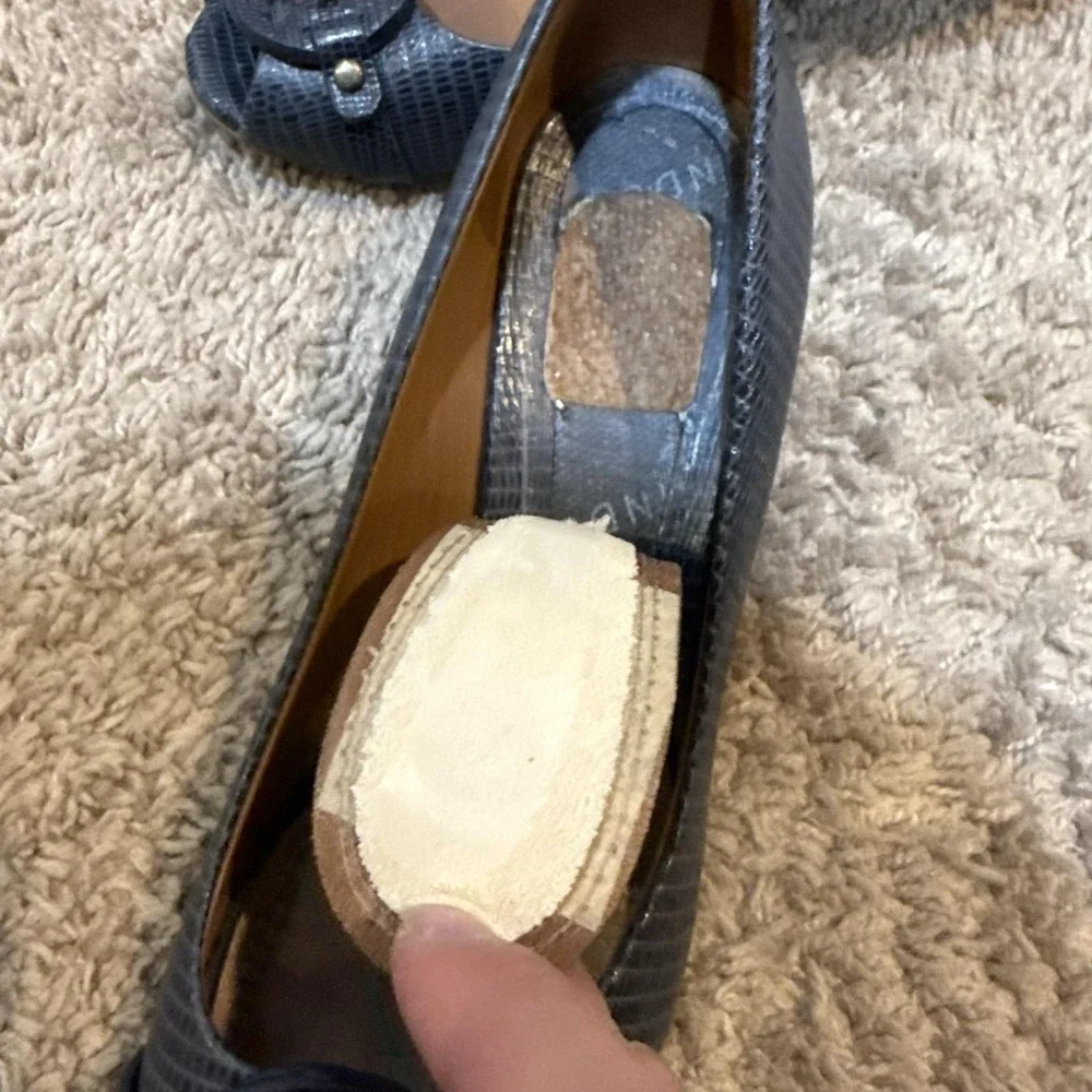 Tory Burch Shoes Womens Size 6.5 Blue Leather Wedge Peep Toe Logo Pumps